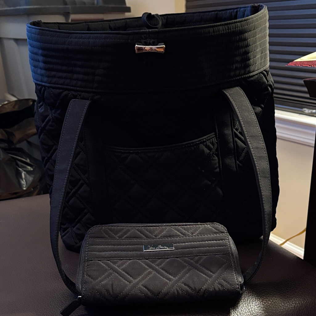 Vera Bradley Black Quilted Tote Bag With Bonus Matching Wallet